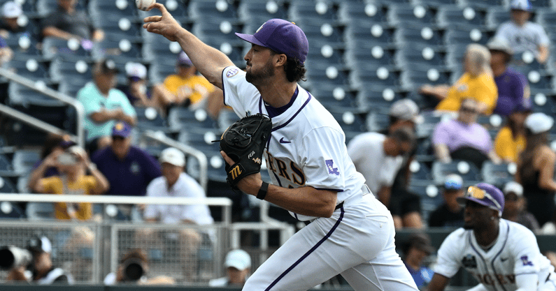LSU pitcher Casan Evans helped the Tigers to a 9-5 win over UCLA. (Photo: © Steven Branscombe-Imagn Images)
